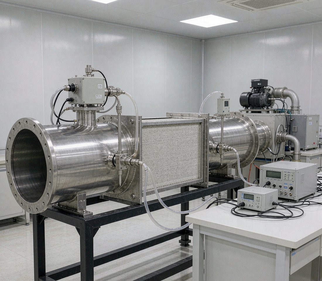 微生物气溶胶拦截效率风道测试装置示意,含雾化发生器与采样端口